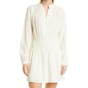 RAG & BONE Calista Long Sleeve Split Neck Smocked Swingy Mini Dress, Dove, Small